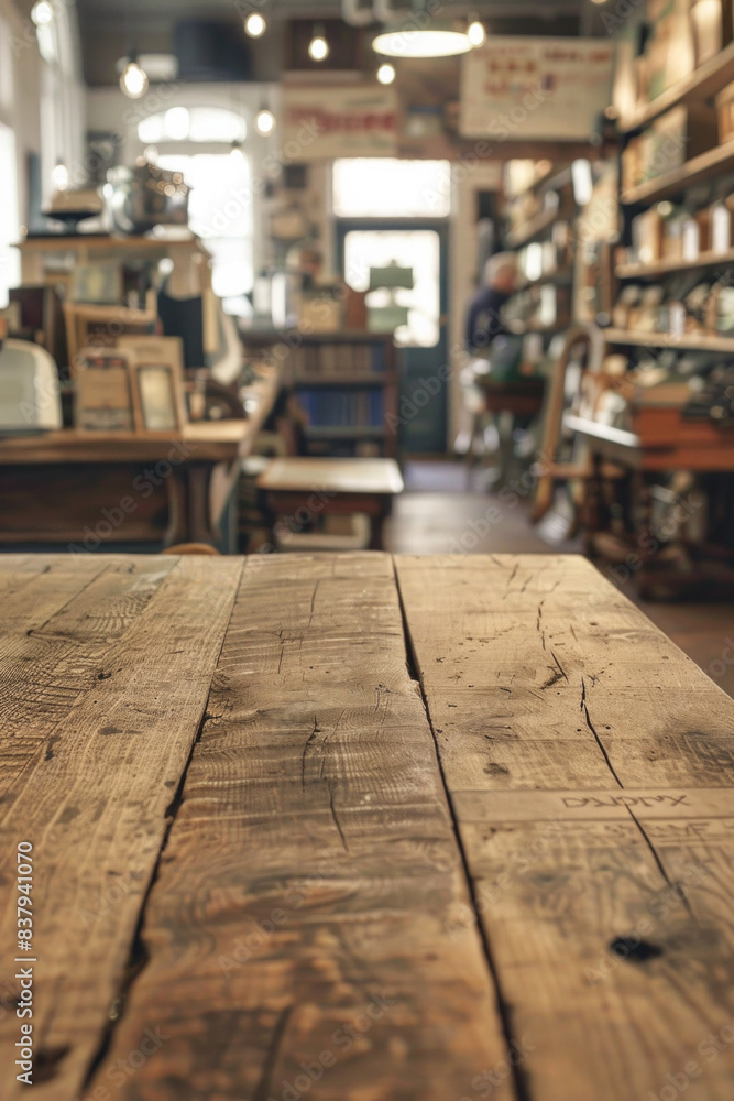 A wooden counter in the foreground with a blurred background of an antique shop. The background features vintage furniture, old books, and unique collectibles A wooden counter in the foreground with a blurred background of an antique shop. The background features vintage furniture, old books, and unique collectibles