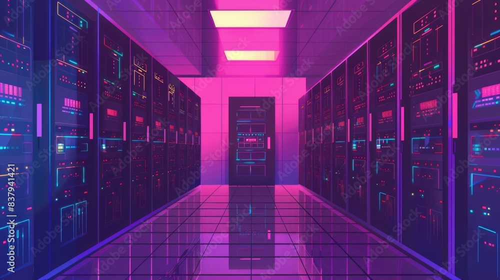 Large server room with rows of servers. Server racks in server room data center. Illustration. Large server room with rows of servers. Server racks in server room data center. Illustration.