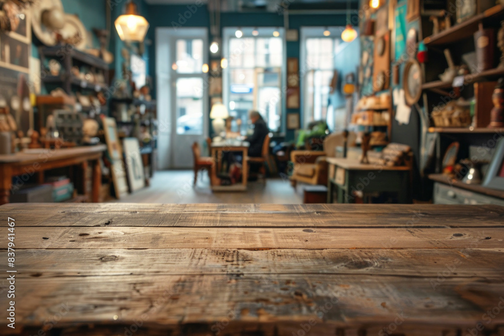 A wooden counter in the foreground with a blurred background of an antique shop. The background features vintage furniture, old books, and unique collectibles A wooden counter in the foreground with a blurred background of an antique shop. The background features vintage furniture, old books, and unique collectibles