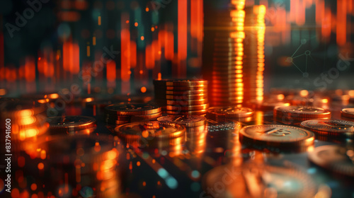 Close-up of stacks of colorful coins on a table.