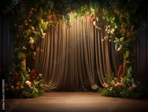 wedding stage decoration with flower, Luxury Wedding Arch with floral decorations, white backdrop with decorative flowers