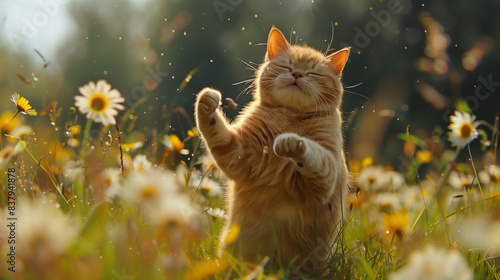 Cat on hind legs in field of yellow flowers. photo