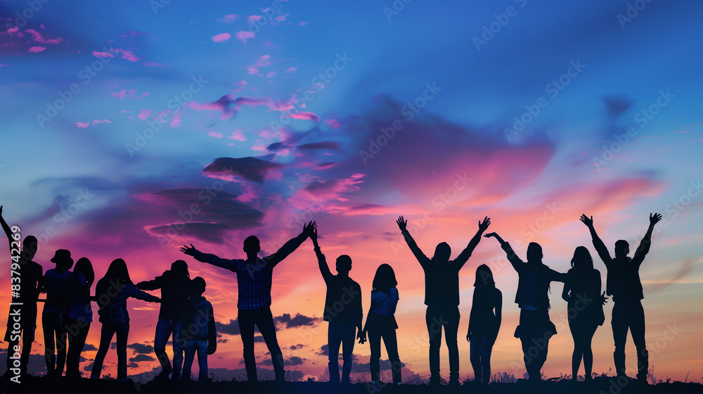 A joyous and uplifting scene of a group of people silhouetted against a vibrant, colorful sky during sunset or sunrise. A joyous and uplifting scene of a group of people silhouetted against a vibrant, colorful sky during sunset or sunrise.