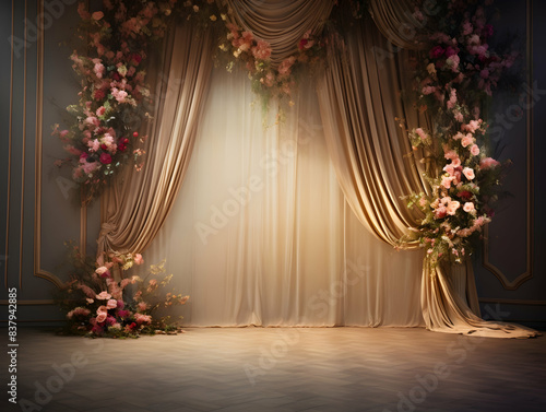 wedding stage decoration with flower, Luxury Wedding Arch with floral decorations, white backdrop with decorative flowers