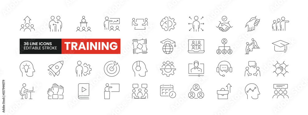 Set of 36 Training and Coaching line icons set. Training outline icons with editable stroke collection. Includes Presentation, Managing, Online Lesson, Graduation, Help, and More. Set of 36 Training and Coaching line icons set. Training outline icons with editable stroke collection. Includes Presentation, Managing, Online Lesson, Graduation, Help, and More.