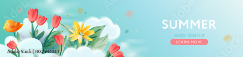 Summer sale header or cover template, tulips and clouds. Horizontal web banner with blue sky, watercolor flowers. Vector illustration design