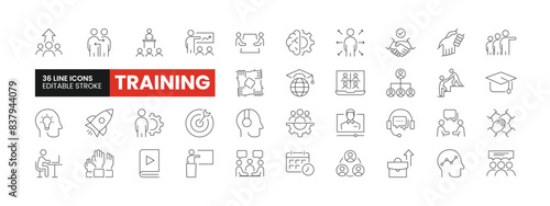 Set of 36 Training and Coaching line icons set. Training outline icons with editable stroke collection. Includes Presentation, Managing, Online Lesson, Graduation, Help, and More.