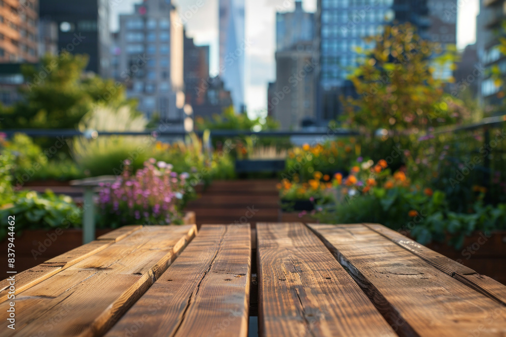 A wooden bench in the foreground with a blurred background of a rooftop garden. The background includes raised garden beds with flowers and vegetables, seating areas, and city skyline views. A wooden bench in the foreground with a blurred background of a rooftop garden. The background includes raised garden beds with flowers and vegetables, seating areas, and city skyline views.