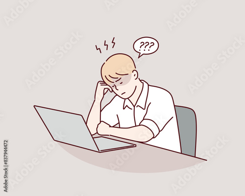 A tired worker is sitting at the table. Hand drawn style vector design illustrations.