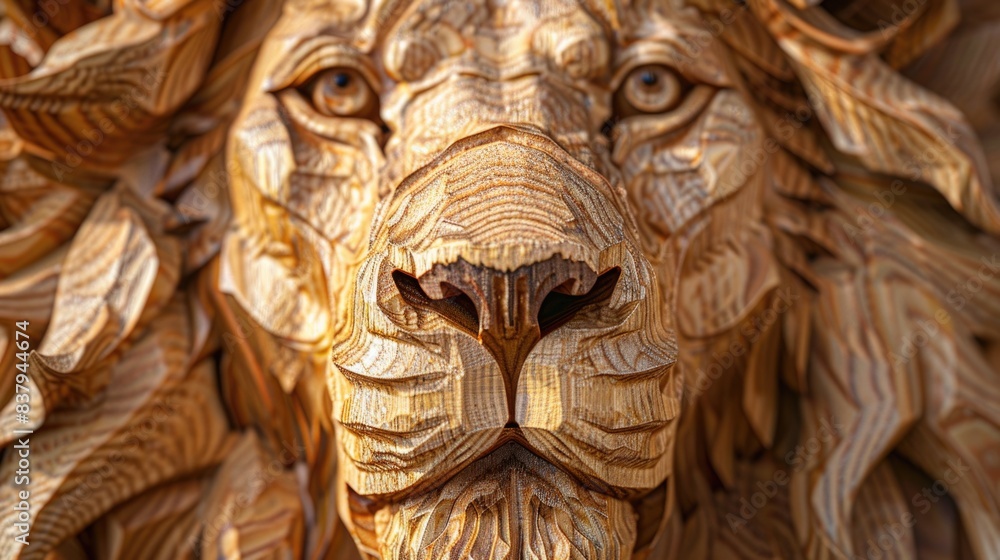 Fototapeta premium Lion head sculpture made of wood, close-up portrait picture. Woodcarving technique. Colorful impasto style.