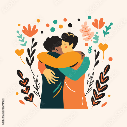 Two people embracing surrounded decorative elements. Individuals ambiguous ethnicity hugging, expressing love friendship amid floral background, gender characters not explicitly defined, emotions