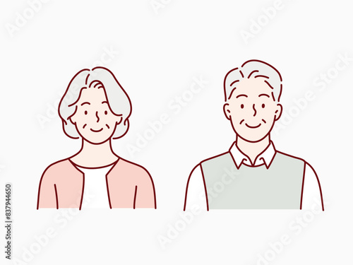 Happy senior man and woman face illustration. drawn style vector design illustrations.
