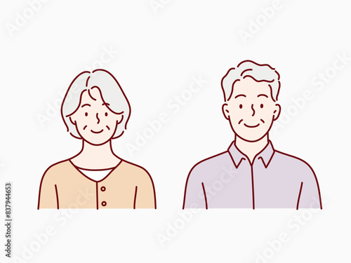 Happy senior man and woman face illustration. drawn style vector design illustrations.