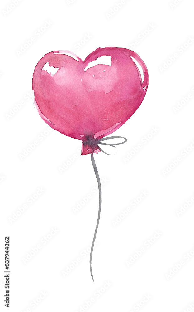 Valentine's Day. Single image of pink heart-shaped balloon on a string for lovers' day. Hand drawn watercolor image on white background for your design, invitations, cards. Valentine's Day. Single image of pink heart-shaped balloon on a string for lovers' day. Hand drawn watercolor image on white background for your design, invitations, cards.