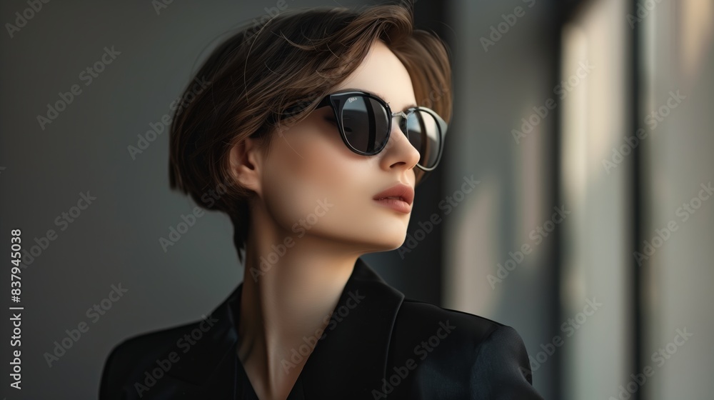 Portrait of a chic woman with short brown hair and stylish sunglasses in a black outfit indoors.