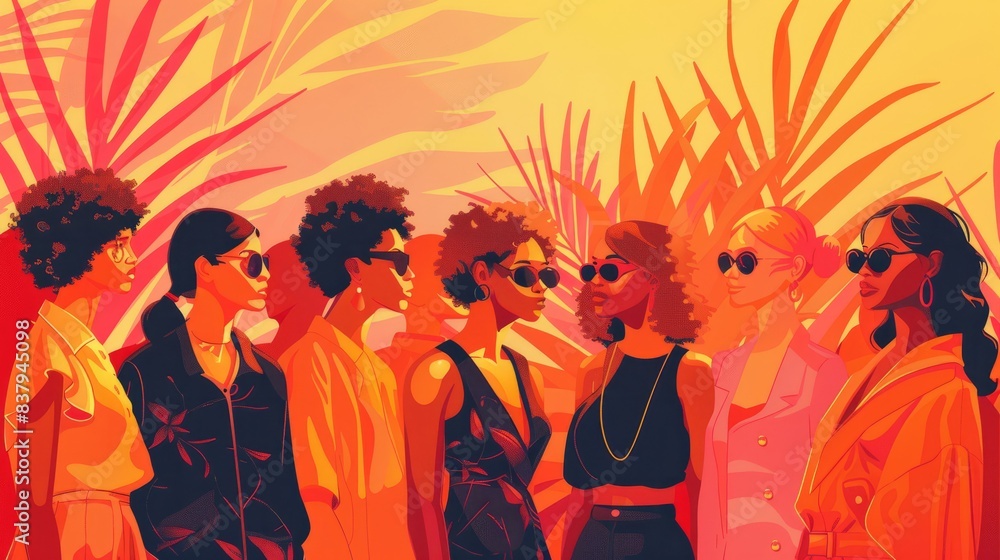 A vibrant illustration of stylish women in sunglasses and fashionable outfits surrounded by tropical foliage in a sunset. Trendy and dynamic. A vibrant illustration of stylish women in sunglasses and fashionable outfits surrounded by tropical foliage in a sunset. Trendy and dynamic.