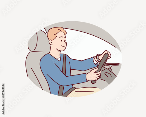 man in his 30s sitting in the driver's seat and smiling. Hand drawn style vector design illustrations.