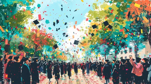 A vibrant graduation ceremony with graduates throwing caps in celebration amidst colorful autumn trees. photo
