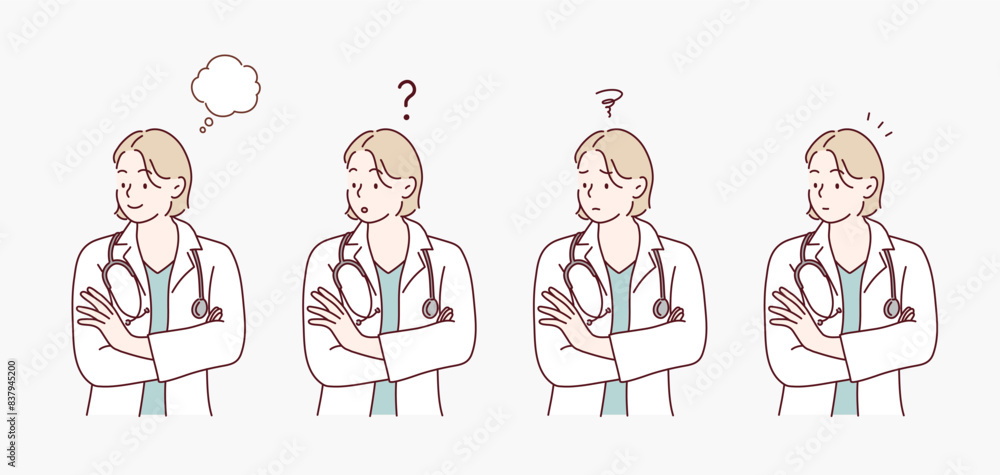 Female doctor's facial expression set. Hand drawn style vector design illustrations. Female doctor's facial expression set. Hand drawn style vector design illustrations.
