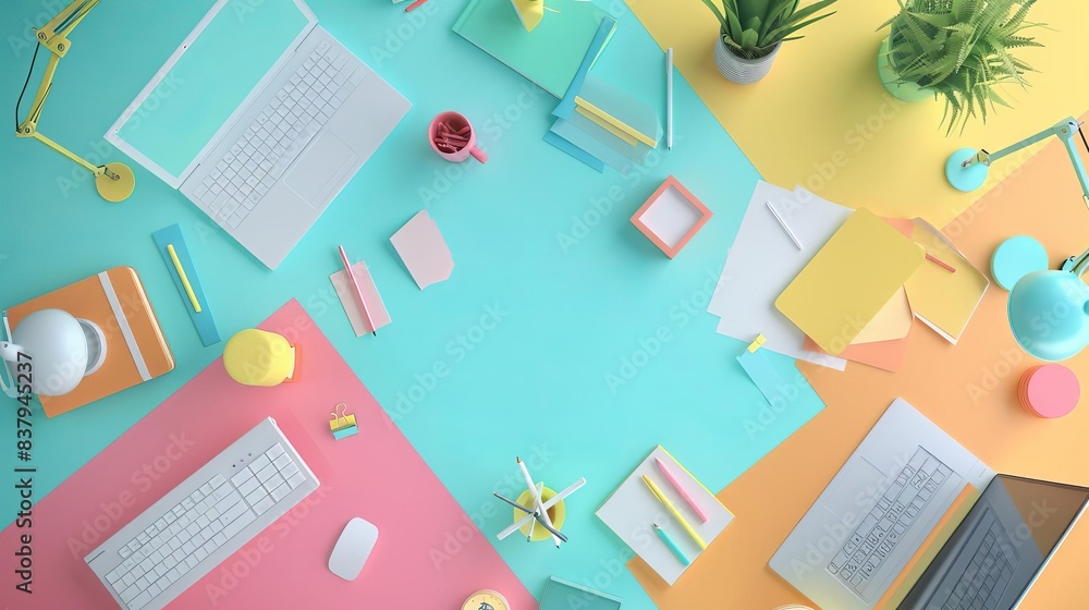 Fototapeta premium A colorful and organized desk with a laptop, keyboard, mouse, notebooks, and other office supplies