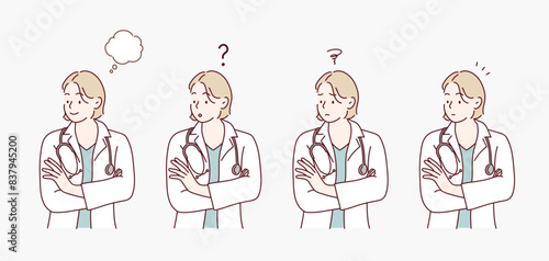 Female doctor's facial expression set. Hand drawn style vector design illustrations.
