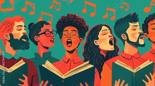 Colorful illustration of a diverse choir singing from music books, with musical notes floating in the background.