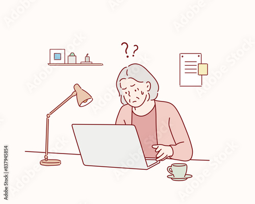 Elderly person study to work on notebook or computer and having difficulties. Hand drawn style vector design illustrations.