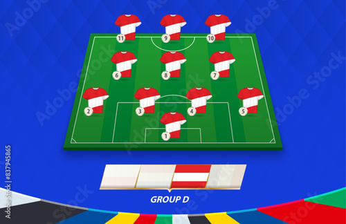 Football field with Austria team lineup for European competition.