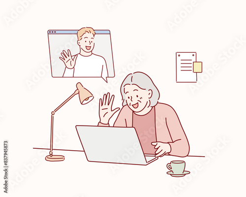 Adult woman sitting at table with computer and having video call with grandson. Older peoples activities and hobby. Hand drawn style vector design illustrations.