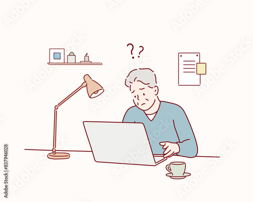 Elderly person study to work on notebook or computer and having difficulties. Hand drawn style vector design illustrations.