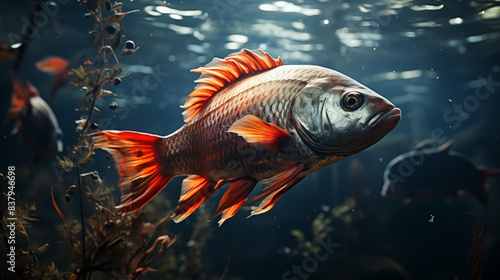 A fish on a hook is visible underwater, with the fish's rapid movements creating a flurry of bubbles. The underwater scene highlights the fish's struggle and the hook's grip.