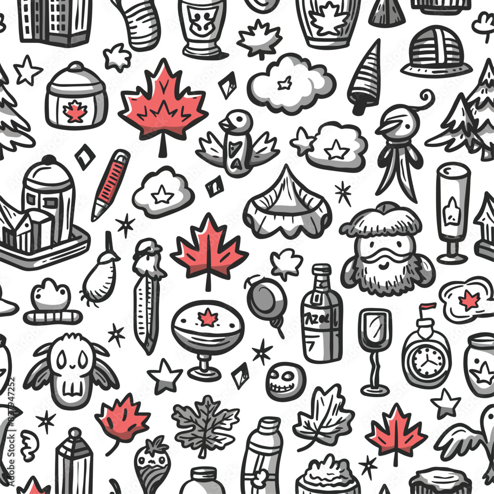 Happy national day of canada, seamless pattern with traditional symbols and icons in the doodle sketch style, flat design illustration vector isolated on white background Happy national day of canada, seamless pattern with traditional symbols and icons in the doodle sketch style, flat design illustration vector isolated on white background