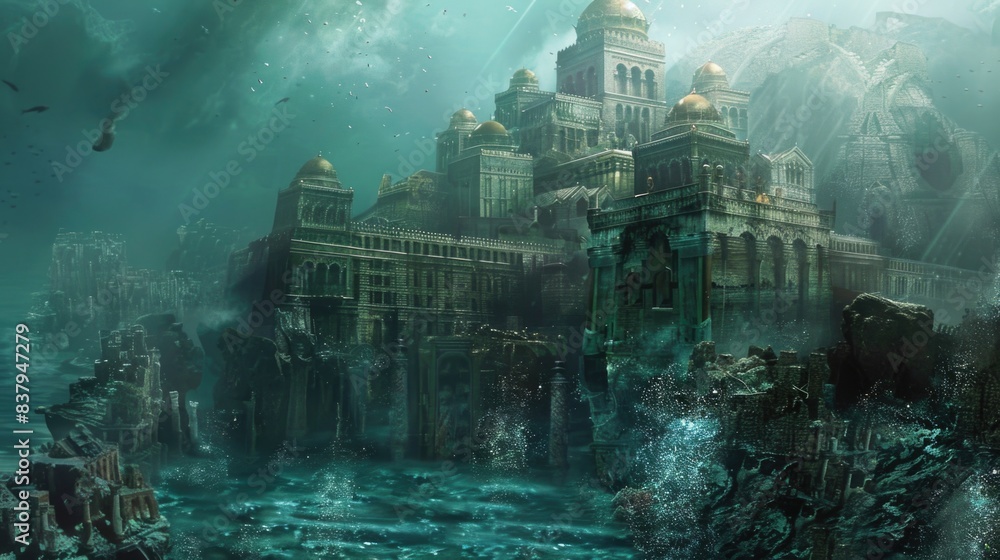 Lost city of Atlantis. Ancient city ruins. Water, ocean, sea ruins Lost city of Atlantis. Ancient city ruins. Water, ocean, sea ruins