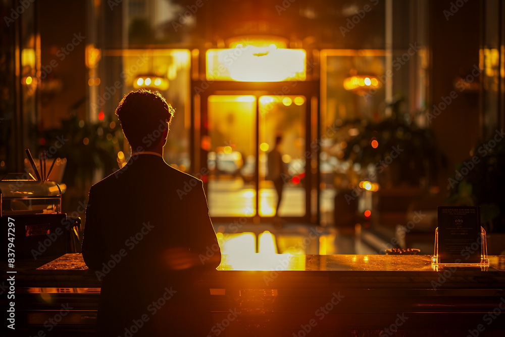 Hotel employee, standing confidently at the reception desk, handling room reservations. Hotel employee, standing confidently at the reception desk, handling room reservations.