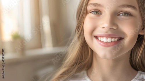 Free Download Smiling girl with long hair and striped shirt looking cheerful in soft natural light by a window, showcasing happiness and youth. - GFXLoad