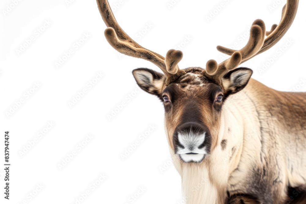 Mystic portrait of Reindeer or Caribou, copy space on right side, Anger, Menacing, Headshot, Close-up View Isolated on white background Mystic portrait of Reindeer or Caribou, copy space on right side, Anger, Menacing, Headshot, Close-up View Isolated on white background