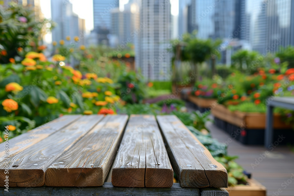 A wooden bench in the foreground with a blurred background of a rooftop garden. The background includes raised garden beds with flowers and vegetables, seating areas, and city skyline views. A wooden bench in the foreground with a blurred background of a rooftop garden. The background includes raised garden beds with flowers and vegetables, seating areas, and city skyline views.