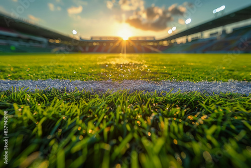 Football field, ball in play, sports arena.