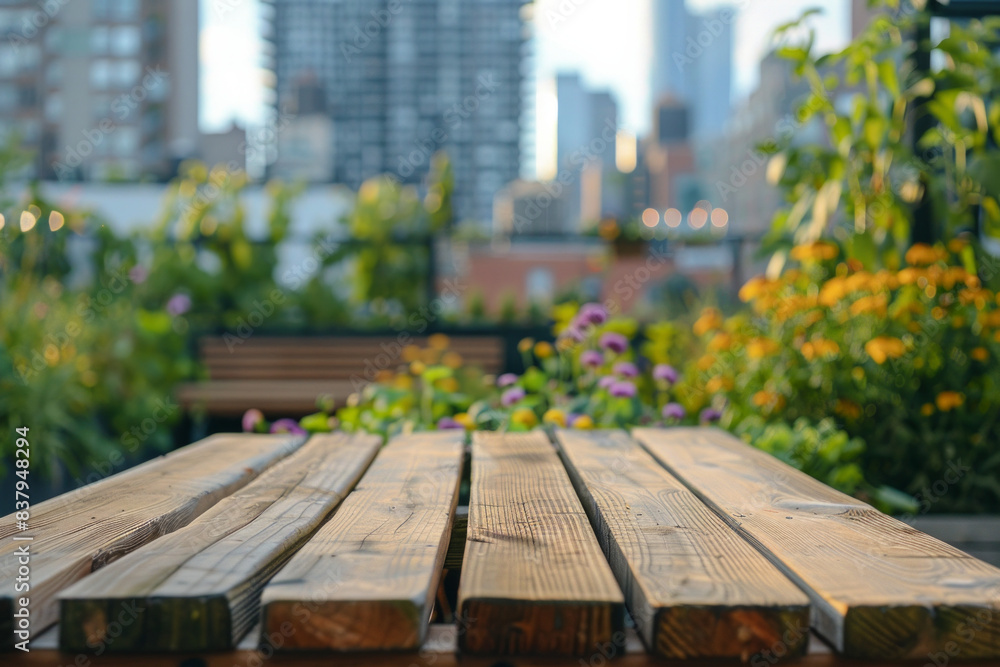 A wooden bench in the foreground with a blurred background of a rooftop garden. The background includes raised garden beds with flowers and vegetables, seating areas, and city skyline views. A wooden bench in the foreground with a blurred background of a rooftop garden. The background includes raised garden beds with flowers and vegetables, seating areas, and city skyline views.