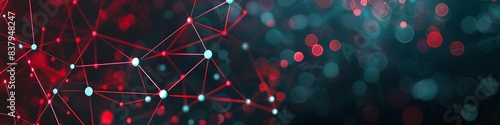 Modern technology background showcasing red and cyan dots connected in an intricate plexus network