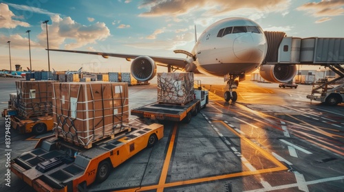 Air cargo logistics at the airport containers being loaded into a modern freighter jet