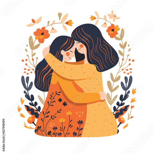 Mother child embrace surrounded flowers, showing love, affection, family bond. Warm colors, floral decorative elements, joyful expressions, celebrating Mothers Day. Cartoon style illustration