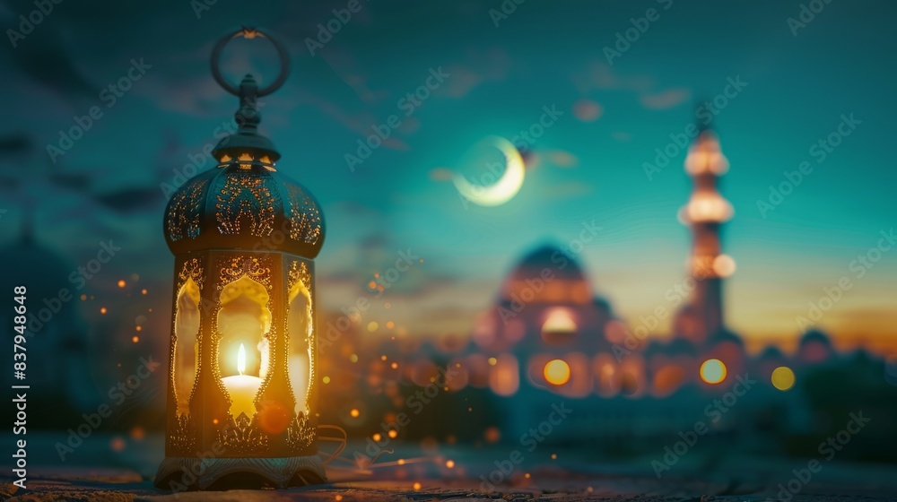 Colorful lantern lamp with crescent moon and mosque in the background - islamic concept photography depicting festive ramadan and eid celebrations Colorful lantern lamp with crescent moon and mosque in the background - islamic concept photography depicting festive ramadan and eid celebrations