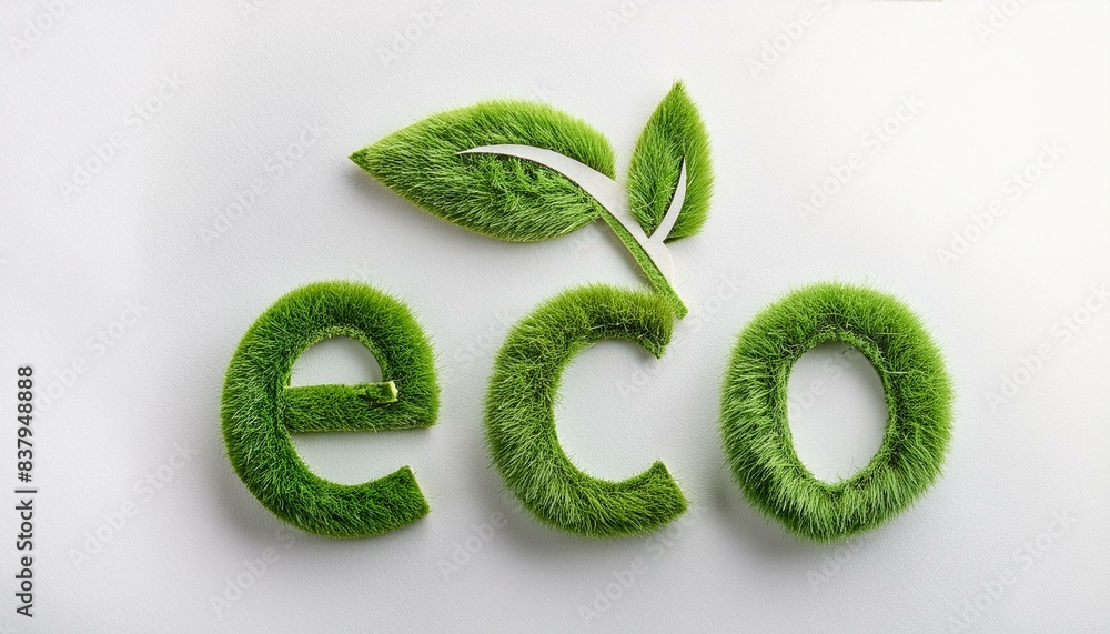 Flat lay of fresh green leaves intricately cut out to spell the word 'eco' on a white background, representing environmental friendliness Flat lay of fresh green leaves intricately cut out to spell the word 'eco' on a white background, representing environmental friendliness