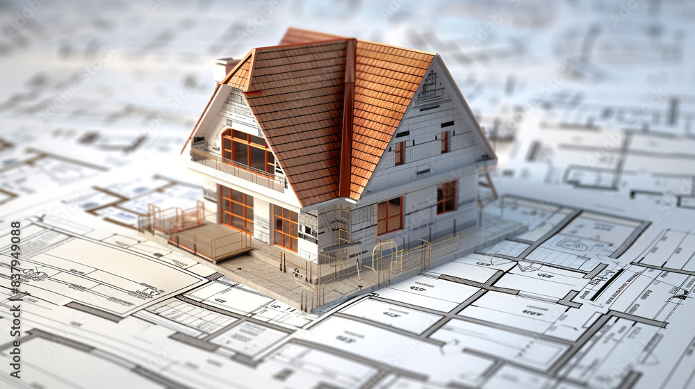 House construction loan granted, featuring building plans and financial documents. House construction loan granted, featuring building plans and financial documents.