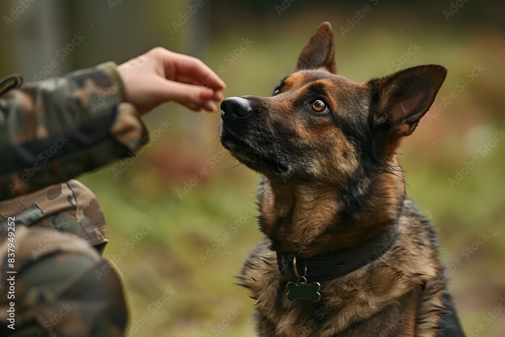 Rescue Dog Receiving Commands from Handler During Training Exercise in Nature Rescue Dog Receiving Commands from Handler During Training Exercise in Nature