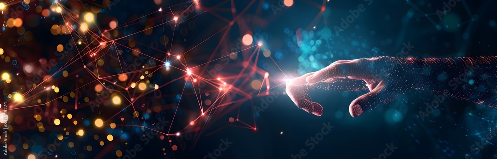 A hand touching on digital technology network with glowing light connection, data transfer and global business concept background banner
A hand touching on digital technology network with glowing light connection, data transfer and global business concept background banner