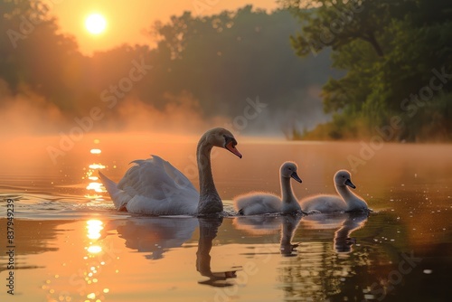 Serene morning scene with a swan and cygnets gliding on a misty lake during sunrise  surrounded by lush greenery and calm waters.