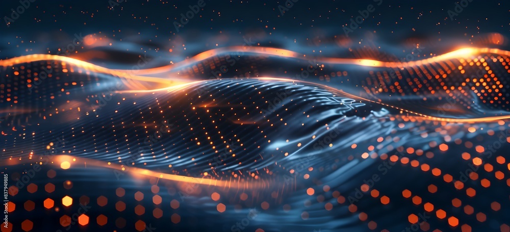 Abstract background with dark blue and orange glowing lines, digital waves of light and dots forming an abstract pattern on the surface of water, representing data technology or global network connect Abstract background with dark blue and orange glowing lines, digital waves of light and dots forming an abstract pattern on the surface of water, representing data technology or global network connect