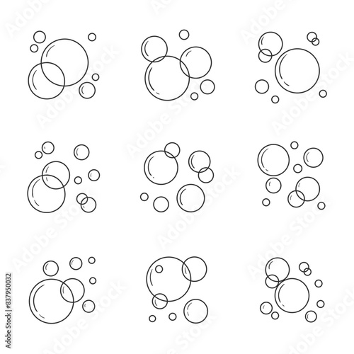 Set of soap bubbles icons in doodle style. Hand drawn vector illustration on white background